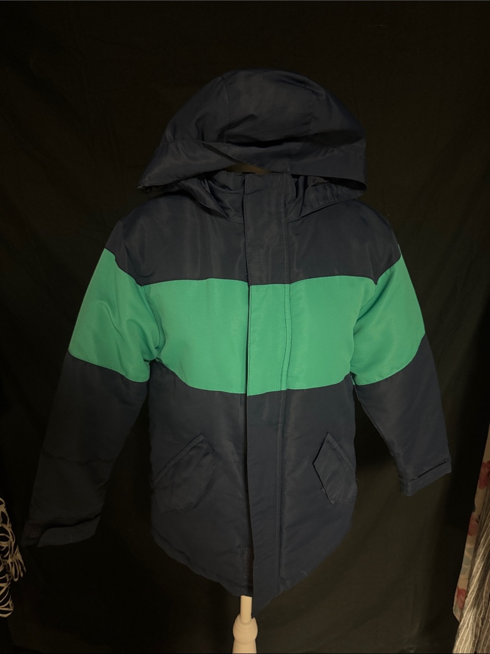 Falls Creek Boys Winter Coat Size 10/12 Navy Green Hooded Colorblock Jacket
